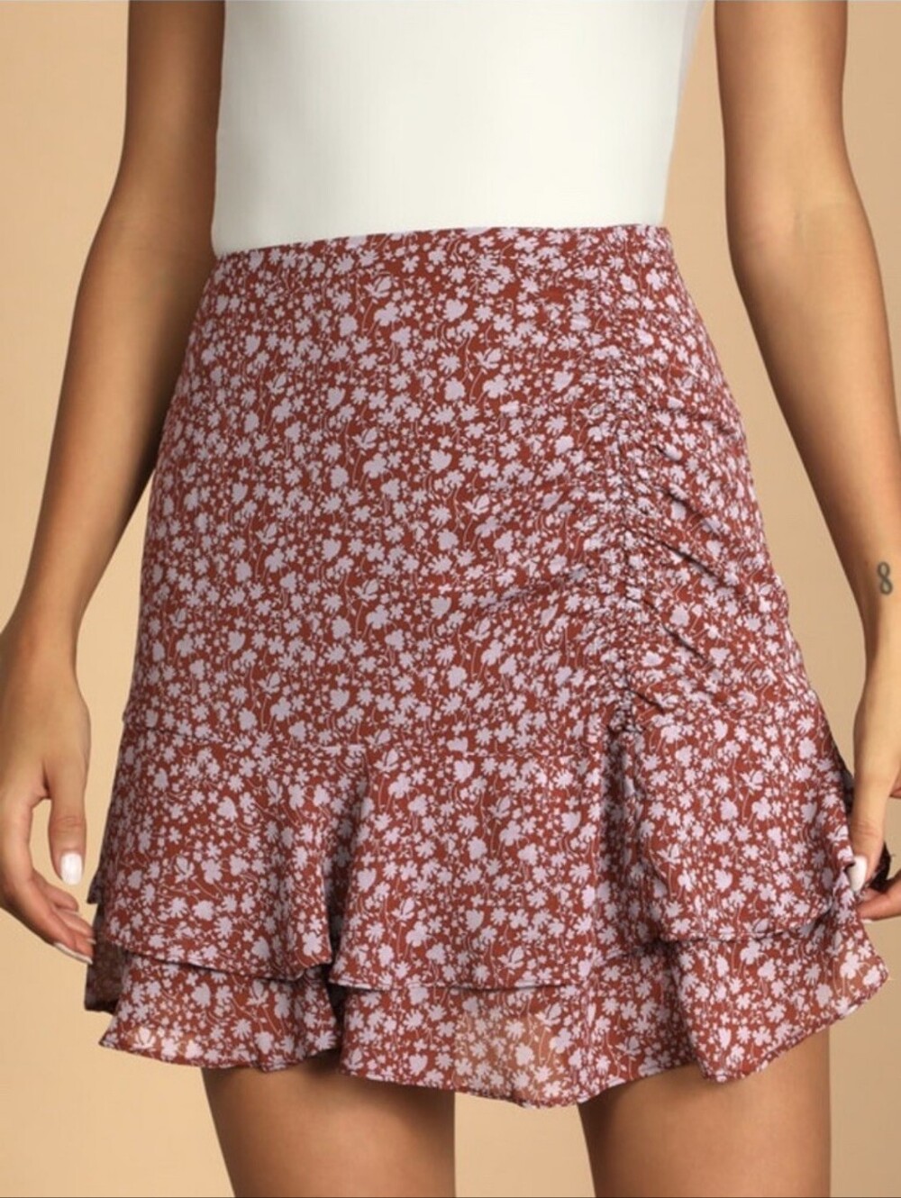Lush Brown And Blue Floral Print Circle Mini Skirt